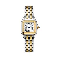 A watch that is also a beautiful piece of jewelry, Panthère de Cartier is one of the most distinctive Cartier designs. Created in the 80s and more contemporary than ever, it is a true style icon for women who never go unnoticed. Panthère de Cartier watch, small model, quartz movement. Case in 18K yellow gold and steel, dimensions: 22 mm x 30 mm, crown set with a synthetic blue spinel, silvered dial, blued-steel sword-shaped hands, bracelet in 18K yellow gold and steel. | Cartier Womens Panthère