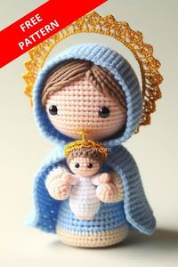 Create a beautiful crocheted nativity scene with this detailed Virgin Mary and Baby Jesus amigurumi pattern.