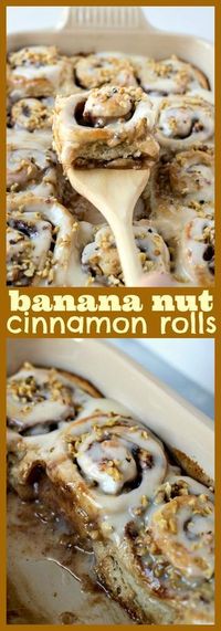 Banana Nut Cinnamon Rolls – Fluffy homemade cinnamon rolls are filled with the perfect mixture of sliced bananas, brown sugar, cinnamon, and chopped walnuts. It’s the breakfast treat you never knew you needed! #recipe #brunch #breakfast #cinnamonrolls #banana #banananut #dessert #cinnamonbuns