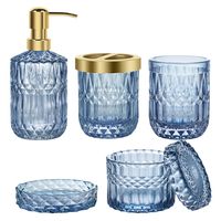 PRICES MAY VARY. Glass 【Fancy Bathroom Accessories Set】: Fancy designed 5Pcs glass bathroom accessories set meets your needs, including 2 mouthwash glasses, 1 blue glass soap dispenser, 1 soap dish and 1 cotton swab jar. Keep your restroom countertop organized! It's your bathroom essentials! 【Keep Your Bathroom In Order】: High-quality navy blue bathroom accessories makes it easy for you to clean and detach them to keep your bathroom clean and tidy. You can also use them as makeup to keep your ob