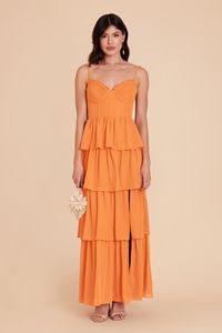 Meet Lola, your new go-to gown for bridesmaiding. Light and airy, tiered chiffon bridesmaid dress in Apricot is also great for special occasions. This ruffle tiered dress is our ultra-feminine, flirty style perfect for showing off. | Apricot Bridesmaid Dress Chiffon Size 1X | Birdy Grey Lola