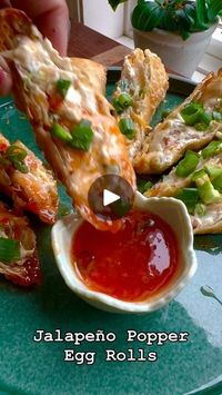 255K views · 29K reactions | Jalapeño Popper Egg Rolls Appetizer Snack 

1. Egg roll wrappers 6-7 
2. 8 oz soften cream cheese 
3. 1/2 cup shredded cheddar cheese and mozzarella cheese 
4. 4 green onions sliced
5. 1-2 jalapeño diced add according to your spice level 
6. 7-8 crispy bacon chopped 
7. 1/4 teaspoon salt and pepper 
8. 1/2 teaspoon garlic and onion powder , chili flakes 
9. Sweet chili sauce for dipping 
10. Water for brushing wrapper edges

1. Mix all ingredients together except egg roll wrappers. 
2. Add 2 tablespoons of the mix to egg roll wrappers. Brush the edges of the wrapper with water . Wrap over the mix . Fold in both sides and then fold over again to seal the egg roll wrapper. 
3. Fry in oil until golden brown on all sides. 
4. Once cooled cut in half or diagonal.
5.