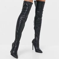 New In Box. Never Worn Black Stiletto Thigh High Boots Size 8. Matte Faux-Leather Upper Lining Sock: 50% Other Materials, 50% Textile, Sole: 100% Other Materials, Upper: 100% Other Materials.