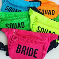 "This listing is for one fanny pack imprinted with the word, \"squad\". Please add the number desired for purchase to your cart. Please clarify in the notes to seller at checkout, what you would like imprinted. Example: \"please imprint all but one with \"squad\". The other (specify color) will say \"bride\". The perfect party favor for a bachelorette party. The perfect gift for a sorority sister. Going on a trip and need a purse that won't weigh you down? This is the perfect solution! Can be im