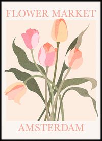 Poster illustration of tulips in pink and orange with the text "Flower Market Amsterdam". The poster provides an elegant and romantic impression that fits nicely in most homes and interior styles.