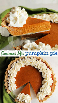 This condensed milk pumpkin pie is smooth, creamy, and delicious. The pumpkin custard is super simple to make. It bakes in a flaky crust to make a fabulous fall dessert. Make one for Thanksgiving or any time you are craving a classic pumpkin pie.