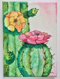 Original Artwork - Watercolor on Canvas - Blooming Cactus - Desert Art - Sonoran Desert - 5x7 - Ready to Frame #artideas #watercolorarts