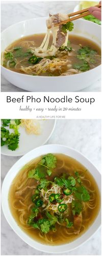 Beef Pho Noodle Soup is a simple delicious quick weeknight dinner for the whole family that is ready in less than 20 minutes. Beef soup loaded with thinly sliced beef, rice noodles topped with loads of fresh jalapeno, bean sprouts, green onion, cilantro, avocado and lime juice. #ad- A Healthy Life For Me