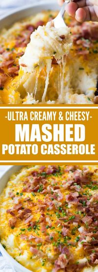 Mashed Potato Casserole. The creamiest, cheesiest mashed potatoes EVER! This easy to make side dish is loaded up with extra melty cheese, crispy bacon, and chives. The best part? You can make this dish ahead of time and then just pop it in the oven to heat back up! This dish will end up being the highlight of any meal!