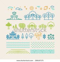 Vector linear landscape icons in trendy mono line style - trees, flowers, clouds - stock vector