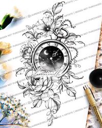 "I create feminine and floral Tattoo Designs for Women 🖤 Clock, Moon and Peony Flower 🕰️🌙🪐 Simply, download, print and bring it to your tattoo artist! Perfect for your sleeve, half sleeve, thigh, back, shoulder or forearm tattoo or to cover up an old tattoo ✨ ♡ DOWNLOAD INCLUDES: - Complete design files (Black and grey) - Stencil required for your tattoo artist ♡ NO WAITING TIME: This design is available for download immediately after purchasing You will see a link \"See your files\" which l