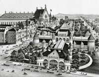 Cincinnati's Centennial Exposition in 1888 featured Music Hall (rear) and elaborate temporary halls in Washington Park (foreground).