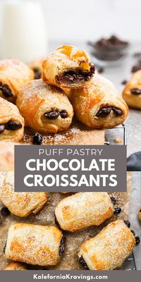 This Easy Puff Pastry Chocolate Croissants recipe is the answer to your breakfast in bed dreams!  Puff pastry is transformed into flaky and delicious croissants filled with melty chocolate chips.  Ready in under 30 minutes, it's a sweet and satisfying way to start your day