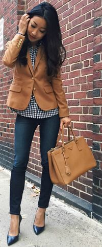 Jean Wang + denim jeans + heels + cute brown blazer + casual and stylish + perfect + day fall style Blazer: J.Crew, Shirt: Brew, Jeans: J. Brand.