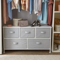 Enhance your storage with this extra wide white fabric organizer featuring 5 drawers, perfect for closets, bedrooms, and playrooms. Ebern Designs | Ebern Designs Rhylin Dresser 21.69 H x 40.2 W x 11.85 D in brown / gray / Wood / Metal in White | 21.69" H X 40.2" W X 11.85" D | Wayfair