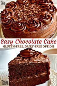 Easy Gluten-Free Chocolate Cake with Chocolate Butter Cream Frosting. A one bowl chocolate cake recipe that is quick, easy, and delicious! Dairy-Free option included. Recipe from www.mamaknowsglutenfree.com #chocolatecake #glutenfreecake #glutenfreedessert #dairyfreecake #glutenfree #dairyfree