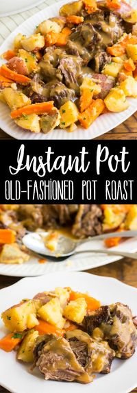 Instant Pot Old-Fashioned Pot Roast with Gravy & Vegetables is the best pot roast I've ever made. This easy, one-pot dinner is a family favorite! #BreadBoozeBacon #instantpot #potroast #beef