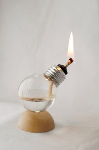 Recycled Light Bulb Oil Lamp on Natural Wood Half Dome Base