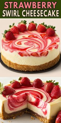 Strawberry Swirl Cheesecake Ingredients:  For the Graham Cracker Crust:  1 1/2 cups graham cracker crumbs 1/3 cup melted butter 1/4 cup sugar For the Cheesecake Filling:  4 packages (32 oz) cream cheese, softened 1 1/4 cups sugar 1 teaspoon vanilla extract 4 large eggs 1 cup sour cream For the Strawberry Swirl:  1 cup fresh strawberries, hulled and diced 2 tablespoons sugar 1 tablespoon lemon juice  #strawberry #cheesecake #easyrecipes #camilarecipes