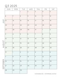 2025 3-Month Quarterly Calendar Printables – FREE