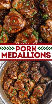 Tender Pork Medallions are topped with a savory caramelized onion brown gravy in this easy pork tenderloin medallions recipe. Serve with mashed potatoes or rice and your favorite roasted veggie for a stand out meal with little effort!