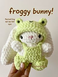 This is a listing for a PHYSICAL item.  Each bunny is handmade by me using chenille yarn! They would make a great gift for a froggy fan or for someone who wants to add to their collection of cute plushies! The overalls are also removable with real pockets! NOT FOR SMALL CHILDREN! The eyes on these plushies are plastic safety eyes, but can still be a choking hazard to young children who may try to pull them off and choke. If you are getting this for a small child, add a note in checkout and I can substitute the plastic eyes with felt ones. SHIPPING Processing time does not inside shipping time, and after shipping it you will get a tracking number to track your package arrival. Once your order is received by USPS, I am no longer responsible for when it arrives. If you want your order faster,