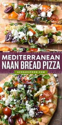 Here's an easy lunch recipe that's also a great dinner idea for tonight! You can even enjoy this naan pizza as a simple appetizer or snack idea. Spread with a layer of hummus and finished with toppings, this Mediterranean Naan Bread Pizza is healthy and delicious!