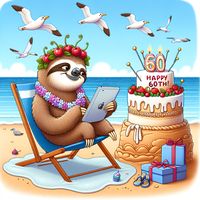 Create a light-hearted cartoon image depicting a beach scene where a sloth is celebrating its 60th birthday. The sloth is adorned with garlands of cherries and has a birthday lei around its neck. The sloth is lounging on a beach chair, engrossed in using an iPad. There is a sand sculpture nearby, made to look like a cake that is topped with knitting needles and has a message 'Happy 60th' on it. Overhead, seagulls wearing party hats are flying around, enhancing the jovial and quirky atmosphere of