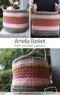 Learn to make the fun, textured, and easy Amelia Basket from a free crochet pattern available on DivineDebris.com. Fun to customize and make!