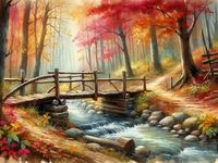 🌿 Welcome to FrameFabStudio Where every piece of digital art adds creativity and serenity to your space. 🌉 Wooden Bridge in an Autumn Forest Bring the warmth of autumn into your home with this serene watercolor scene. The artwork features a rustic wooden bridge crossing a small stream, surrounded by a forest ablaze with vibrant reds, oranges, and yellows. Leaves flutter in the breeze and gather in the stream, creating a sense of movement. The impasto texture from gouache paint enhances the vib