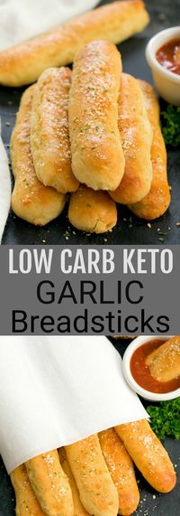 These garlic breadsticks are soft and buttery and look and taste like the ones you'd be served at a restaurant. And they are keto, low carb and gluten free!