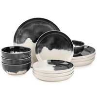 Thyme & Table 12-Piece Stoneware Dinnerware, Grey Drip Collection is a part of the Thyme & Table Drip Collection. The 12-piece dinnerware set provides service for 4 and is microwave, dishwasher, and freezer safe. Oven safe up to 428 degrees. This set includes 4 dinner plates, 4 salad plates, and 4 bowls. Hand wash before first use. Color: Gray.