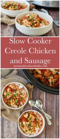 A recipe for Slow Cooker Creole Chicken and Sausage- Tara's Multicultural Table- This easy slow cooker meal comes together with a flavorful combination of chicken, Andouille sausage, vegetables, and creole seasoning.