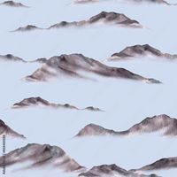 Monochrome watercolor landscape. Mountain ranges and hills silhouettes, peaks, foggy hilly terrain. Seamless pattern Hand drawn watercolor illustration. Inky grey black nature Isolated blue background Stock-Illustration