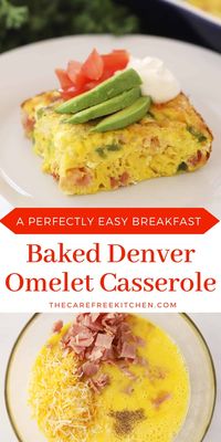 This Baked Denver Omelet recipe, filled with ham, green peppers, onions and cheese, is hearty, delicious and can be ready in no time. #thecarefreekitchen #breakfast #brunch #omelet #omelette #denveromelet #eggs #breakfastcasserole #bakedomelet