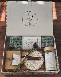 Small custom gift box with your choice of organic goat milk and shea butter soap, 100% cotton handcrafted spa-style face cloth & scrubbie, reclaimed wood soap dish made in the U.S.A., and small botanical bath salts. Please leave a note in the personalization box with the scents you would like for the soap and bath salts (they don't have to be the same-see below), and the color(s) for the face cloth and scrubbies. The last picture shows a few of the colors I have available, but I can make them in just about any color you like! Each of our soaps is handcrafted using the cold process method in small batches on our homestead in Virginia surrounded by mountains, forest, meadows and wildflowers. We use certified organic coconut, sunflower and palm (rspo) oils and certified organic shea butter al