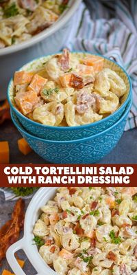 Too hot for pasta? Think again with this creamy cold tortellini salad with ranch dressing. Loaded with big bites of cheddar cheese, pieces of crumbled bacon, and cheese tortellini, this pasta salad recipe is anything but ordinary. A handful of ingredients and a quick 20 minutes and this cold tortellini salad is ready to go. #tortellinisalad #coldsalad #dinnerecipe