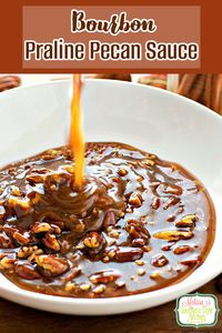 Drizzle this insanely delicious Bourbon Praline Pecan Sauce on ice cream, pound cake or use it as a dip with cookies for a dessert fondue #bourbonpralinepecansauce #bourbon #pralinepecans #caramelsauce #bourbonsauce #pecans #southernfood #southernrecipes #desserts #dessertfoodrecipes