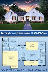 Country, Farmhouse House Plan 41421 with 3 Beds, 2 Baths, 2 Car Garage