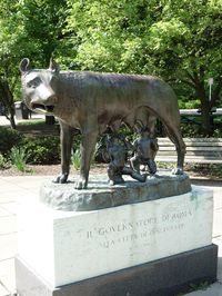 "Wolf nursing Romulus and Remus in Cincinnati, Ohio, United States. The bronze sculpture on a granite and marble base is located in Eden Park at the Twin Lakes area overlooking the Ohio River. It is a replica of the original Capitoline Wolf in the Musei Capitolini of Rome, Italy." -- Wikipedia 