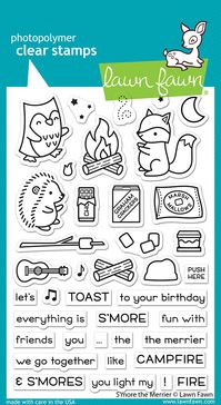 Who doesn't love a campfire and roasting marshmallows over it to make s'mores? This cute stamp set features 3 animals camping and making s'mores. There are 39 clear photopolymer stamps in this set. There are lots of sentiments besides the animals, the s'more fixins, and the campfire fixins. These stamps adhere to acrylic blocks and can be used with your favorite inks, markers, embossing powders, colored pencils, watercolors, and other crafting mediums (sold separately). The hedgehog measures 7/8