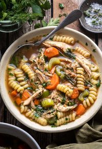 This Fresh Herb Chicken Noodle Soup recipe puts a flavorful twist on the classic. The chicken is simmered with a blend of aromatics until fall-apart tender and served in a healing broth with veggies and fat pasta noodles. It’s the best kind of meal: simple and healthy, yet so delicious!