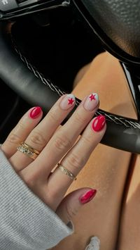 Nails, gel nails, red nails, nail inspo, 4th of july, july nails, summer nails, stars, western, country festival, rings, ring stack, gel polish, nail art, french nails , french tips