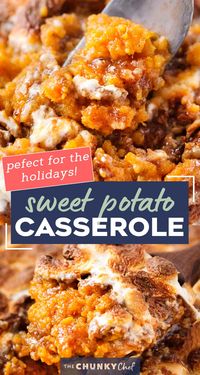 Classic Sweet Potato Casserole, perfectly seasoned with Fall spices and topped with a pecan crumble and gooey marshmallows.  Perfect as a traditional or make-ahead side dish for Thanksgiving! #Thanksgivingrecipe #sweetpotato #casserole #sidedish #pecan #marshmallow