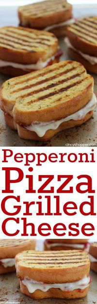 Pepperoni Pizza Grilled Cheese Sandwich- a fun twist on a traditional favorite. Garlic Toast layered with marinara, tons of pepperoni, and mozzarella cheese.