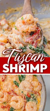 Tuscan Shrimp – Make this spectacular shrimp dinner – Tuscan Shrimp Pasta! It’s made with a creamy sauce featuring sun-dried tomatoes, Parmesan and spinach. The ultimate 30-minute dinner! Shrimp dinner recipes, shrimp pasta recipes, shrimp dinner, easy shrimp recipes, healthy shrimp dinner ideas, healthy shrimp pasta recipes, healthy meals for a family, shrimp meals, easy shrimp dinner ideas, easy shrimp.