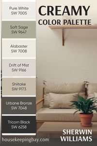 The Creamy palette by Sherwin Williams combines warmth and balance with shades like Pure White SW 7005, Soft Sage SW 9647, and Alabaster SW 7008. Drift of Mist SW 9166 and Shiitake SW 9173 add depth and coziness, while Urbane Bronze SW 7048 and Tricorn Black SW 6258 bring a grounding contrast. Perfect for adding comfort and a natural feel to your room.