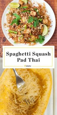 Spaghetti Squash Pad Thai Recipe. This HEALTHY and DELICIOUS meal is a great way to eat more vegetables! Squash is the star in this homemade thai takeout food classic. Recipes for easy dinners like this are MUST TRY recipes. Top with chicken or tofu. You'll need tamarind paste, rice wine vinegar, fish sauce, spaghetti squash, peanut oil, bean sprouts, garlic, and just a few more pantry friendly ingredients.