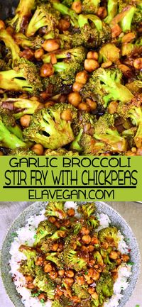 Flavorful broccoli stir fry with chickpeas and a delicious garlic ginger sauce! This vegan weeknight dinner is easy to make in just one pan and it's ready in about 25 minutes. The healthy takeout recipe is meat-free, gluten-free, low in fat, and very simple! #veganstirfry #healthytakeout #vegetarianstirfry #broccolistirfry #vegandinner #elasrecipes | elavegan.com