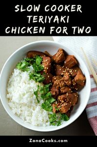 Slow Cooker Teriyaki Chicken is made with just 6 ingredients and has amazing flavors of ginger, garlic, and soy sauce. Serve over cooked rice or vegetables and garnish with green onions and sesame seeds if desired. #teriyaki #TeriyakiChicken #SlowCooker #Crockpot #chicken #DinnerForTwo #RecipesForTwo #LunchForTwo #CookingForTwo  via @ZonaCooks